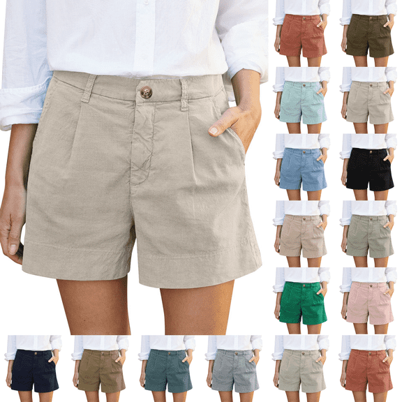 Linen Shorts for Women Summer Plus Size Bermuda High Waist Work Button Wide Leg Khaki Short Twill Chino Casual Ladies Trouser With Pocket 5" Inseam