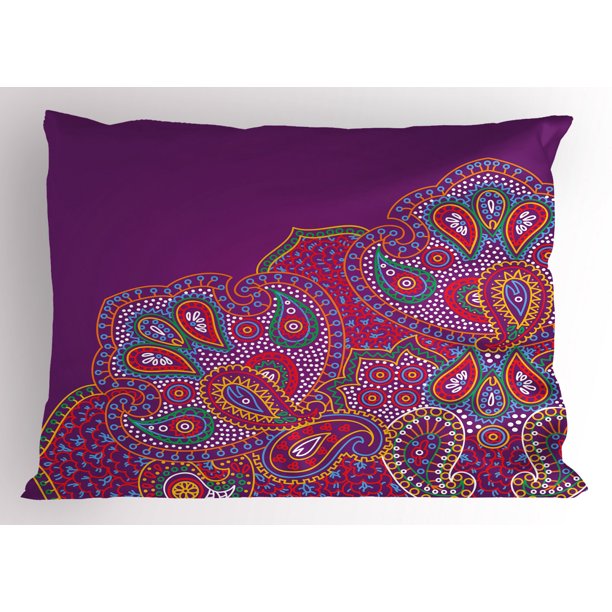 Purple Pillow Sham Traditional Colorful Paisley Corner Authentic Henna