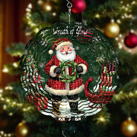 HELLOYOUNG 10in Rotating Wind Chime Double-Sided Santa Claus Holding Wreath with Holly Snowflakes Red/Green/White Christmas Colors, Sleigh & Reindeer Bells for Garden Porch Wind-Powered Motion Decor