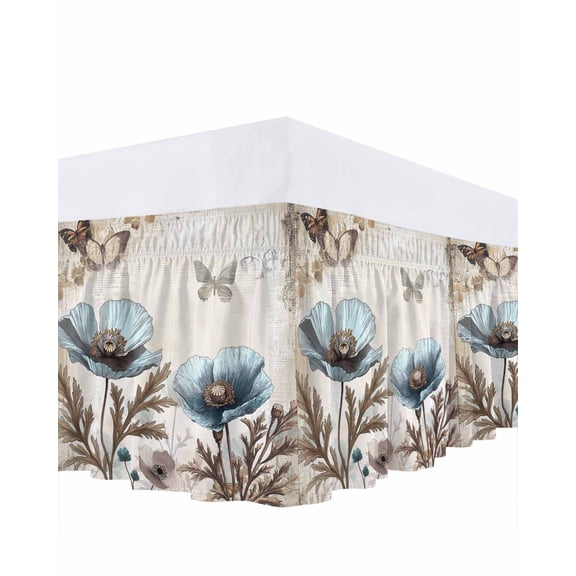 Vintage Poppy Butterfly Ruffle Bed Skirt Queen Size Blue Flowers Plant Adjustable Elastic Dust Bed Skirts Wrap Around Bedskirt Wrinkle Free Easy Fit with 16 Inch Drop