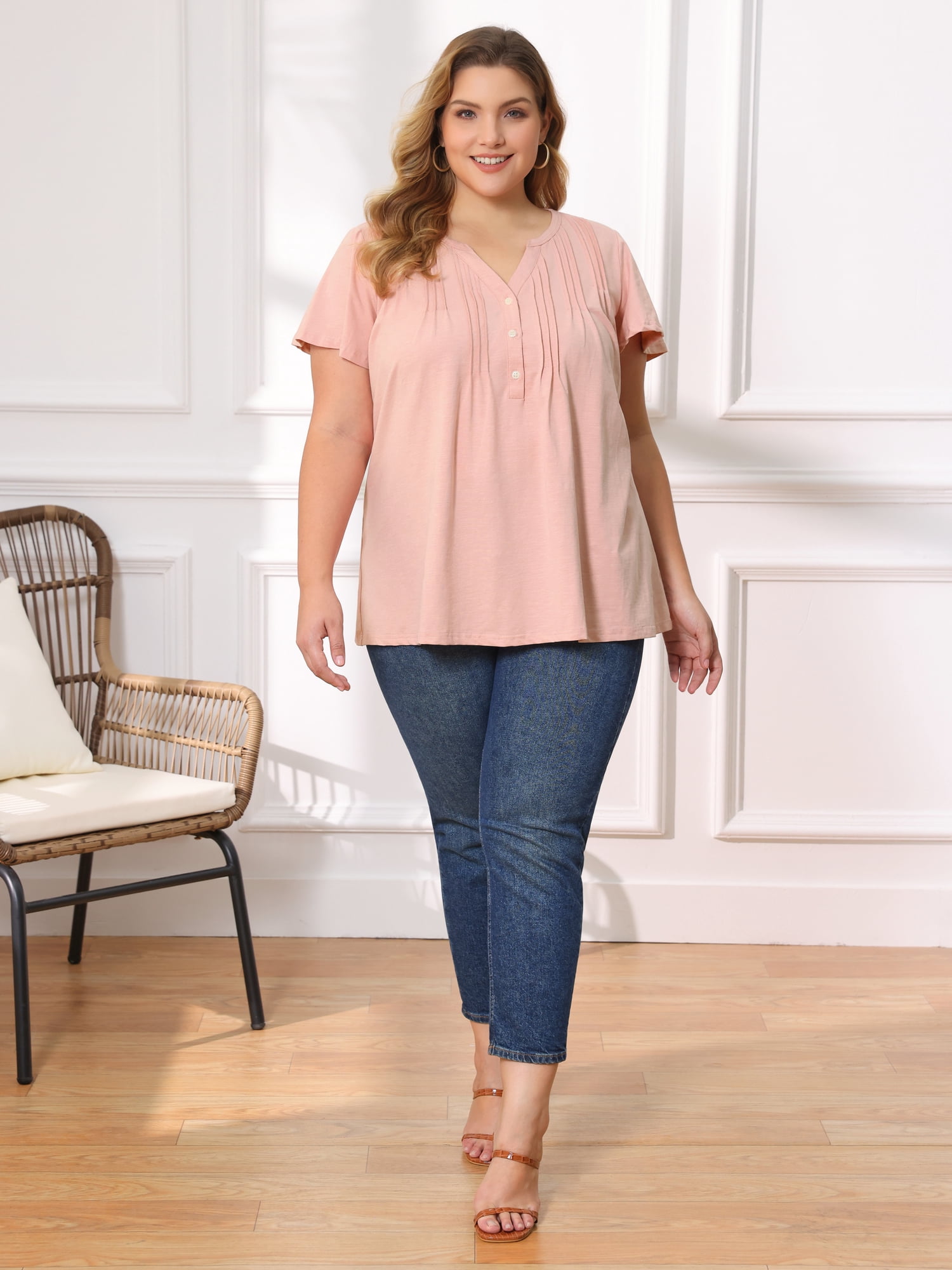 Women's Plus Women's Work Tops Button Notch Neck Ruffle Sleeve Casual Blouse 2X Pink