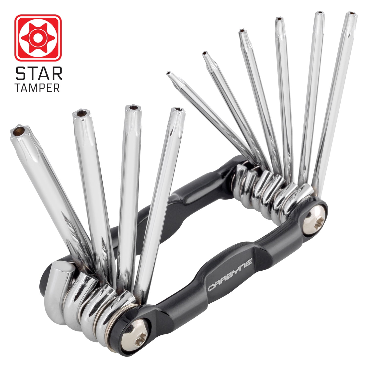 CARBYNE 10 Piece Folding Tamper Star Wrench Set, T-6 to T-30 Star/Torx Sizes, S2 Steel, Drilled Chamfered Security Tips, Durable Chrome Finish, Corrosion Resistant Aluminum Body