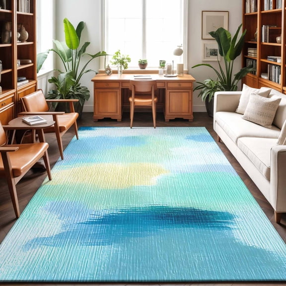 Large Area Rugs 9'x12', Green Blue Ombre Carpet Runner Indoor Outdoor Rugs Home Decor Aesthetic, Modern Abstract Art Oil Painting Non Slip Mats Washable Accent Rug for Living Room Bedroom