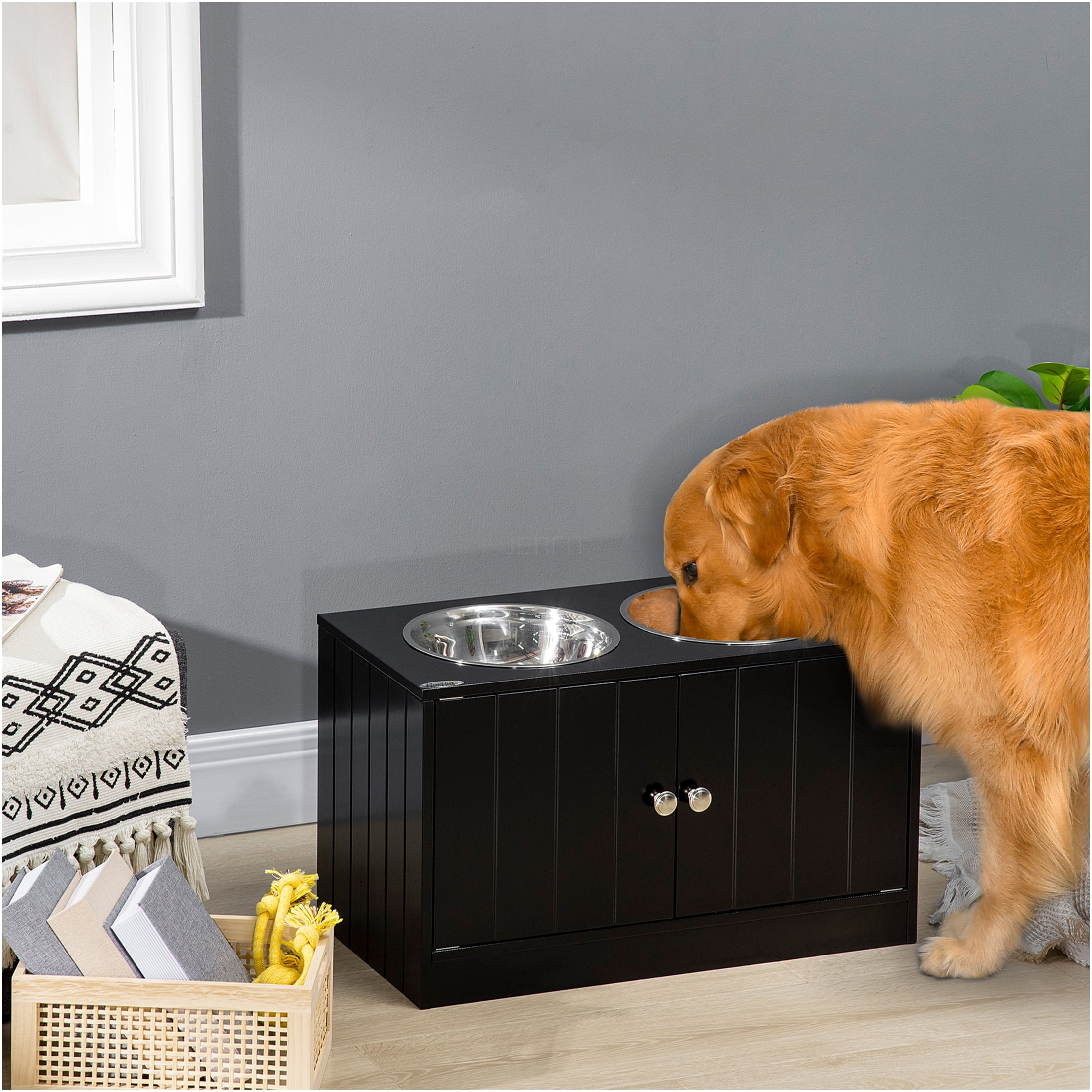 JERFIT Elevated Dog Feeder with Storage Cabinet, Magnetic Lock Pet Food Station Organizer, Large Stainless Steel Bowls, Black MDF Dog Dining Table