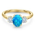 thumbnail image 3 of Gem Stone King 10K Yellow Gold Simulated Blue Opal and White Moissanite Engagement Ring for Women | 1.52 Cttw | Oval Cabochon 8X6MM | Gemstone October Birthstone | Size 6, 3 of 7