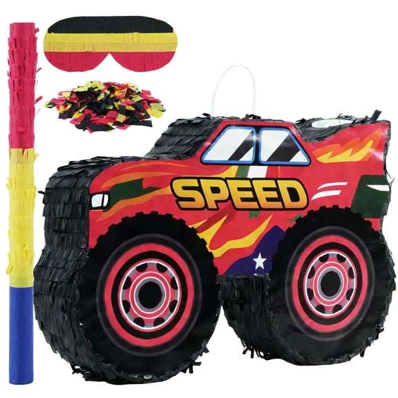 JBeeCtrl Monster Truck Pinata for Boys Bundle with a Blindfold and Bat Monster Truck Birthday Party Supplies Decorations (16.1"x10.2"x3.5")