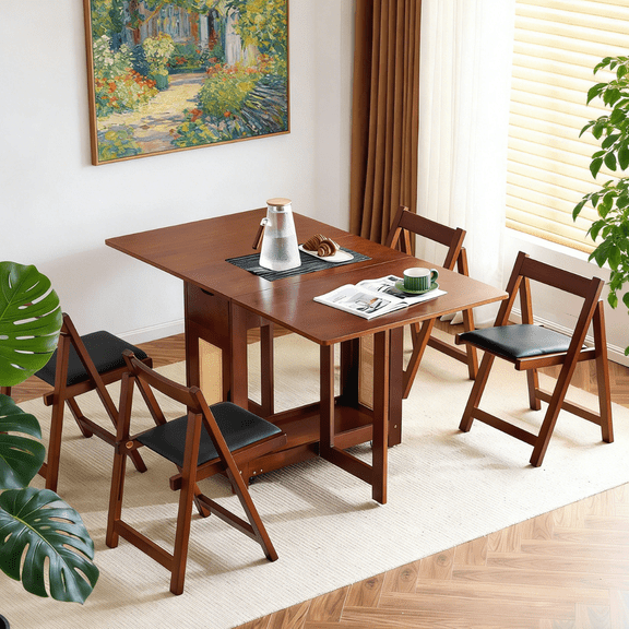 Ktaxon Mid-Century Dining Table Set for 4, Solid Wood Dining Set Folding Dining Room Table with Wheels, Drawer, 4 Foldable Chairs Padded with Cushion, Brown