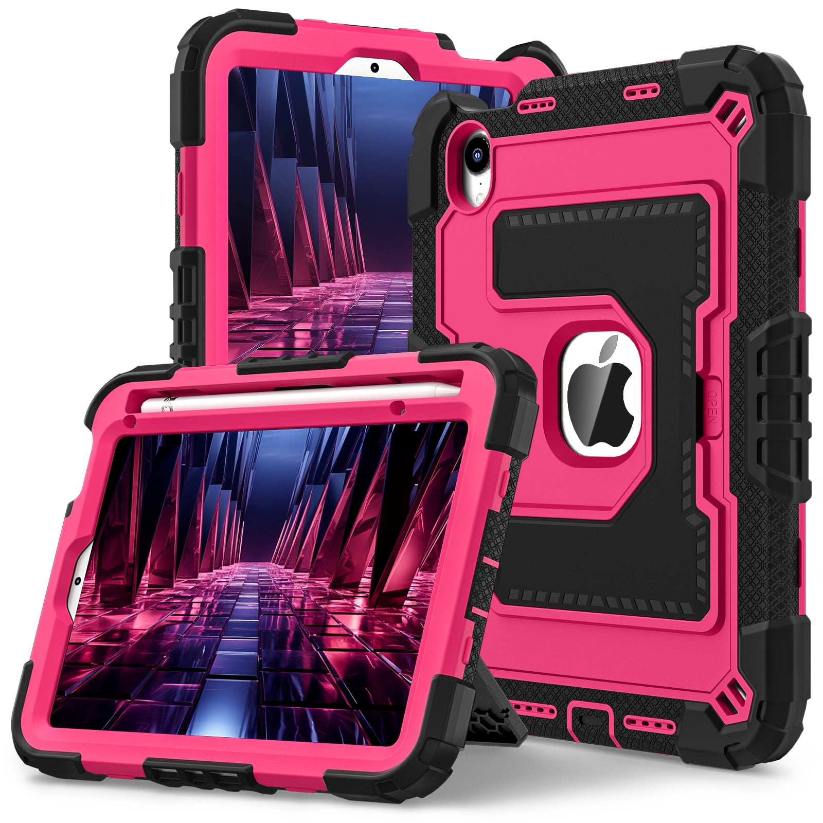 Dteck Case for iPad Mini 7 (A17 Pro) 2024 / Mini 6 2021 8.3 inch,Heavy Duty Kickstand Case with Shoulder Strap Shockproof Rugged Cover Built-in Pencil Holder for Pad Mini 7th/6th Gen 8.3",Black+Rose