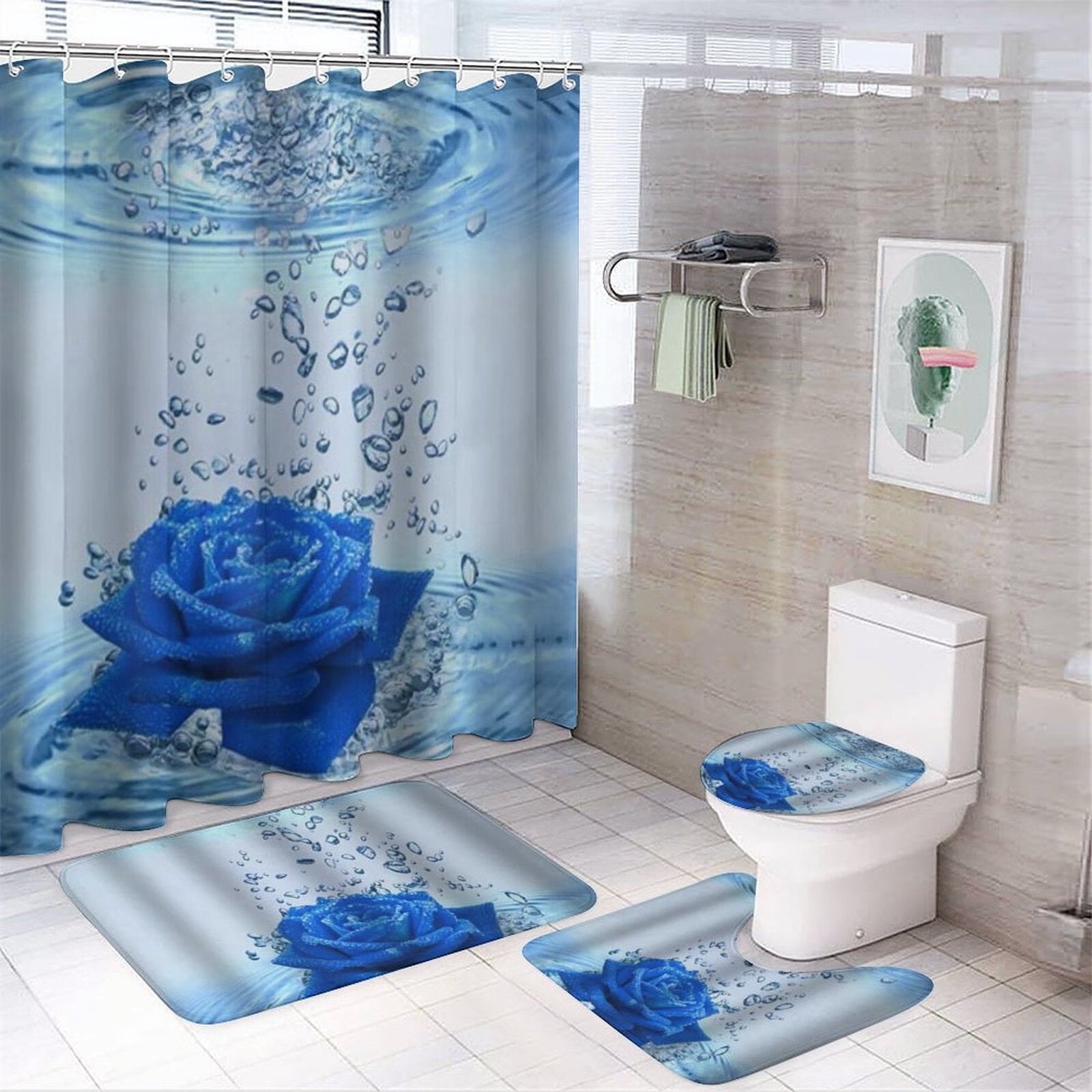 Blue Rose Valentine's Shower Curtain Set with NonSlip Rugs, Toilet Lid