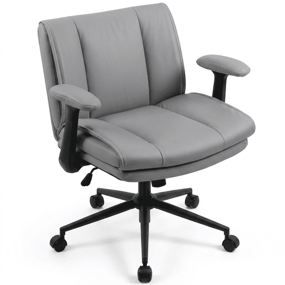 Faux Leather Ergonomic Office Chair, Flip-up Armrests, 360° Swivel, 90-120° Adjustable Tilt, 300lbs Capacity for Home Office Bedroom Vanity