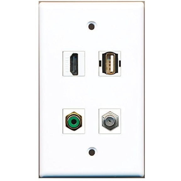 RiteAV - 1 Port HDMI 1 Port RCA Green 1 Port Coax Cable TV- F-Type 1 Port USB A-A Wall Plate