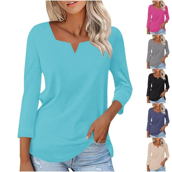 SROBPTY Womens Fall Top, 3/4 Sleeve Shirts for Women, Women's Fashion Loose Casual Solid 3/4 Sleeve V-Neck T-Shirt Tops Blue,L