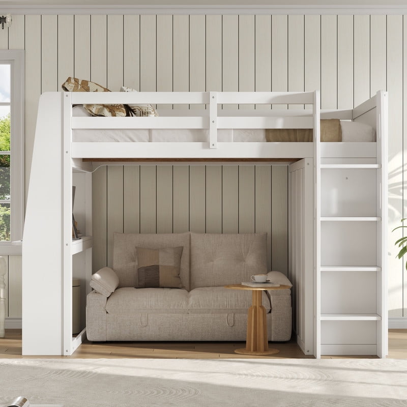 Full Size Wooden Loft Bed with Built-in Desk & Charging Station, Kids Storage Bed Frame with LED Light & Double Door Wardrobe