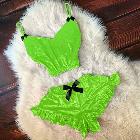 

Lingerie For Women Naughty V-Neck Velvet Stain Camisole Pajamas Bowknot Shorts Set