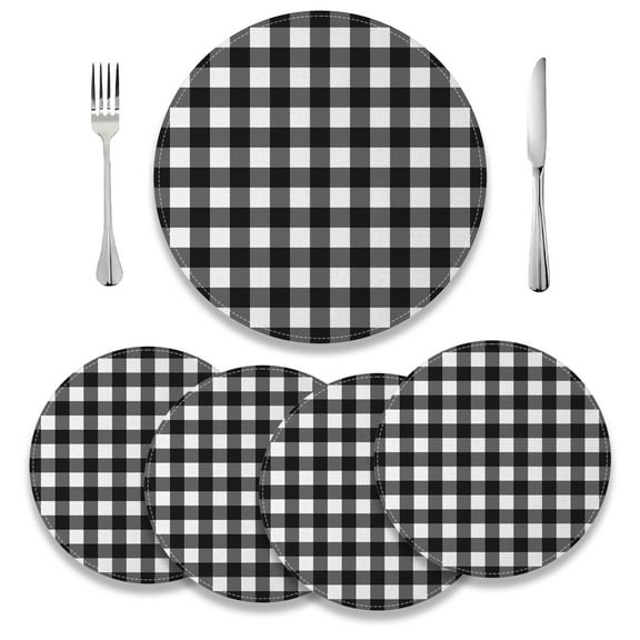 MIZHONA Buffalo Plaid Round Placemats Set of 4,Black and White 15 inch Table Mat for Kitchen Dining Table Decoration