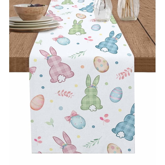 Easter Rabbit Table Runner 70 Inches, Country Pastel Cartoon Cute Bunny Eggs Bed Runner Dresser Scarves Tabletop for Indoor Outdoor Parties/Ceremony/Banquet, 13" x 70"