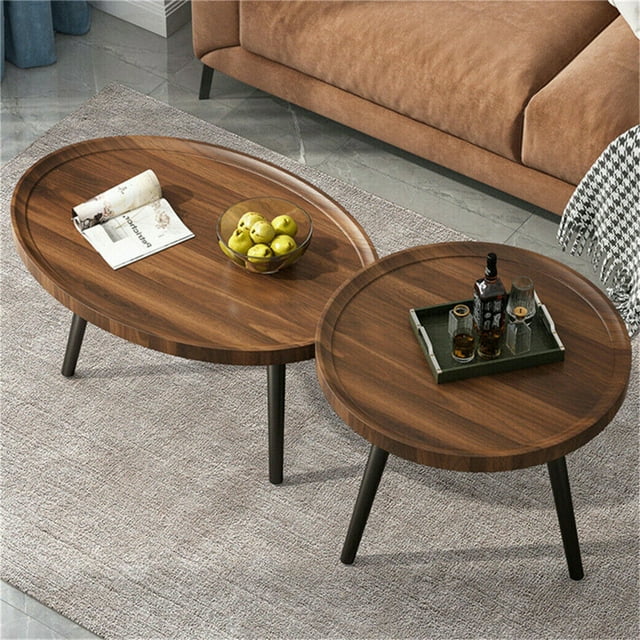 Oval Coffee Table Nest Wood: 2 Nesting Set Large 80cm and Small Round Tables 40cm MDF Wooden Tabletop Under Sofa Table with Metal Triangle Legs Industrial Nests Center Tables Living Room