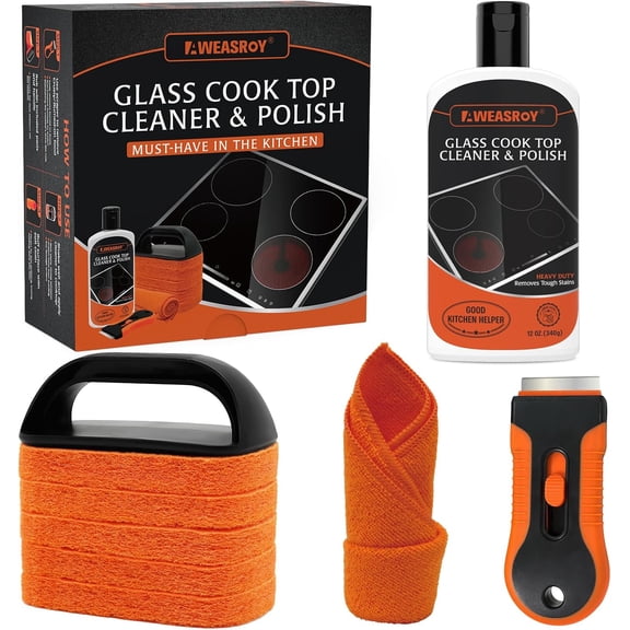 Glass Stove Top Cleaner Kit 12 oz, Cooktop Cleaner and Polish Non-Abrasive No Scratch Removes Tough Stains, with Scrubbing Pad, Handle, Scraper, Cloth