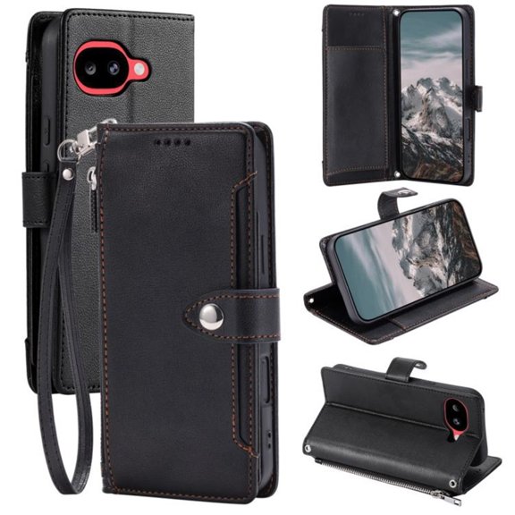 Wallet Case for Google Pixel 9a 6.3-inch, Litchi Leather Flip Zipper Purse Cover with Card Holder, Detachable Wristlet, Kickstand Shockproof Protective Phone Case,Black,For Google Pixel 9a