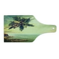 thumbnail image 2 of Hawaiian Cutting Board, Palm Tree Rocky Shore Caribbean Mist Traveling Resort Scenic, Decorative Tempered Glass Cutting and Serving Board, Wine Bottle Shape, Almond Green Pale Yellow, by Ambesonne, 2 of 5