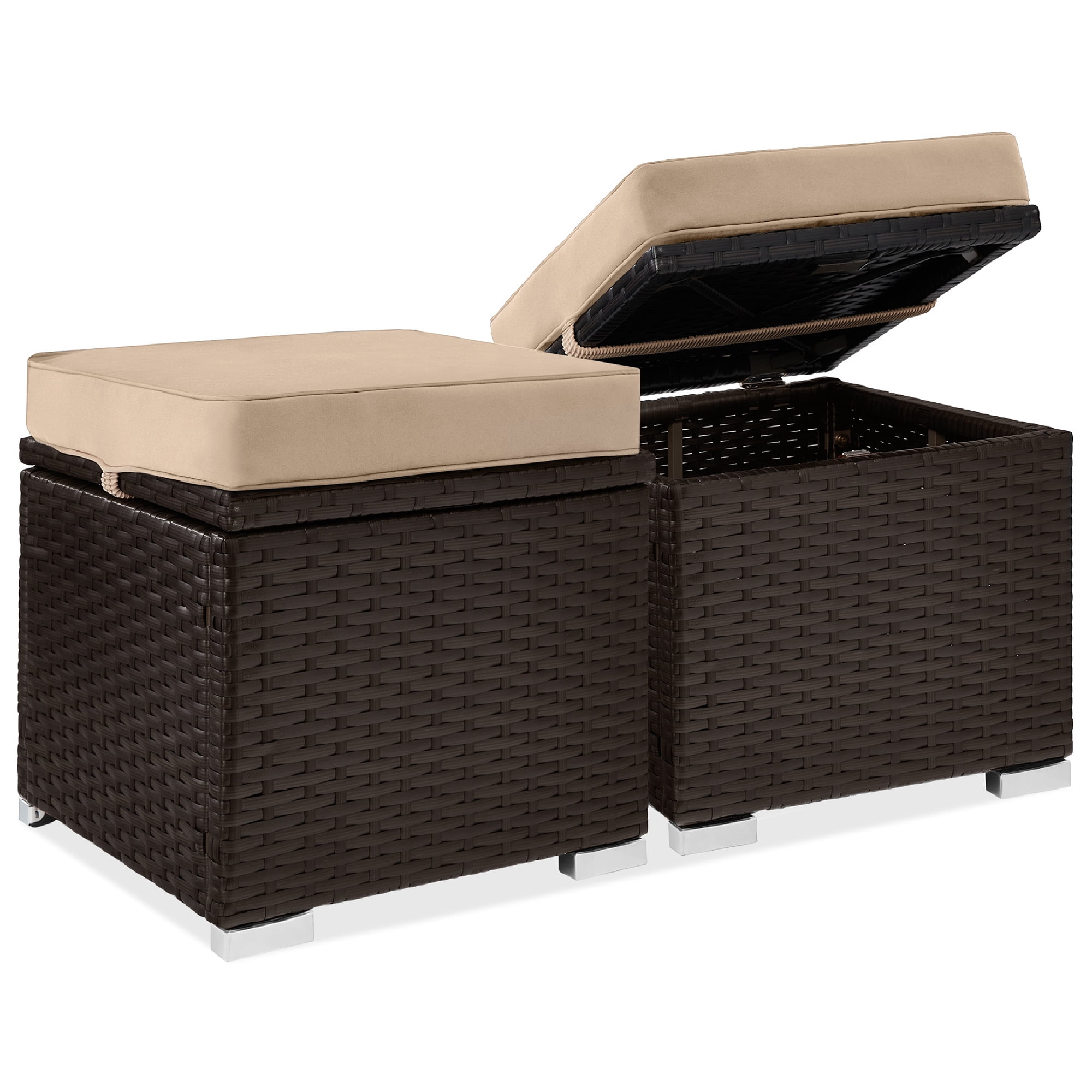 Best Choice Products Set of 2 Wicker Ottomans, Multipurpose Furniture w/ Removable Cushions - Brown/Beige
