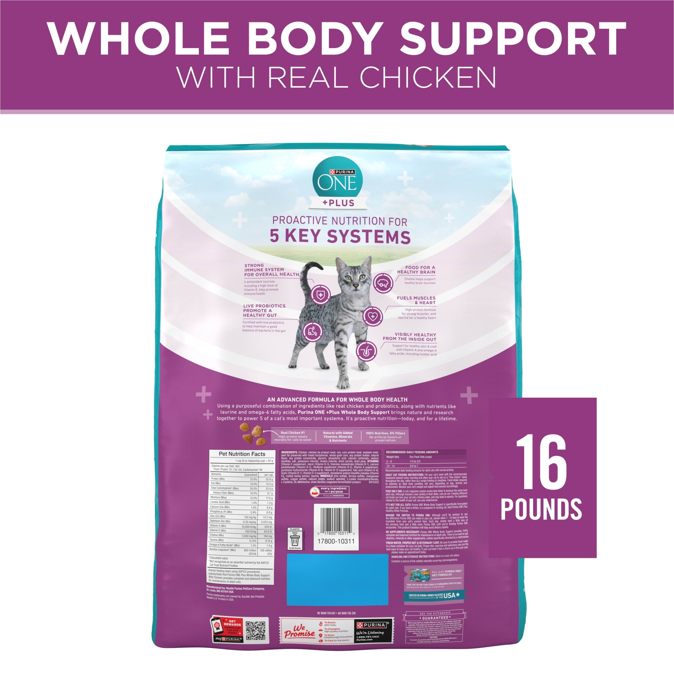 Purina ONE Plus Whole Body Support With Chicken Dry Cat Food, 16 lb.