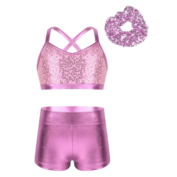 Kaerm Girls Sparkle Dance Suit Sleeveless Crop Top Bra with Shorts 3Pcs Outfits Jazz Hip Hop Pink 12