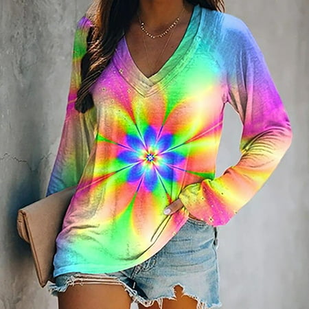 

Kakina CMSX Womens Tops Plus Size Clearance Women Fashion Casual Loose V Neck Printed Long Sleeve Top T Shirt