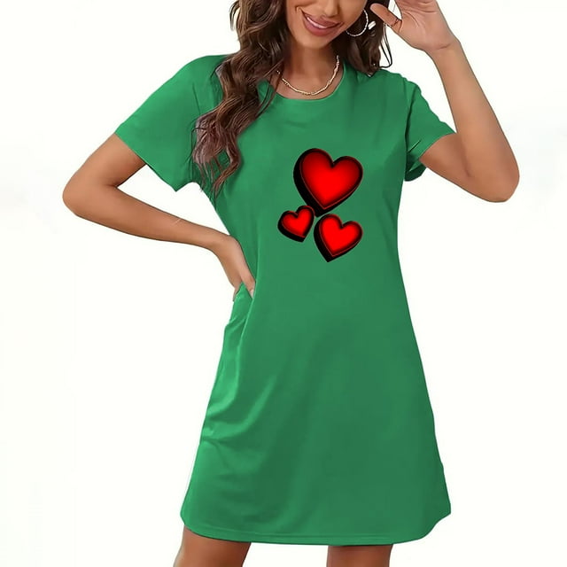 Camisón corto de San Valentín para mujer, talla grande, estampado en el pecho, cuello redondo, manga corta