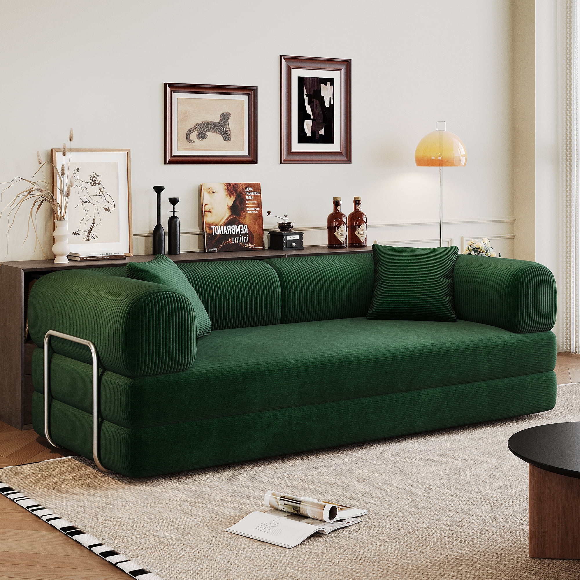 Leumius 78.8" Convertible Sofa Bed with Fixed-Shape Frame & Support Armrest,Modular Corduroy Sleeper Sofa,Boneless Couch Folding Mattress Couch for Small Spaces - No Assembly Needed,Green