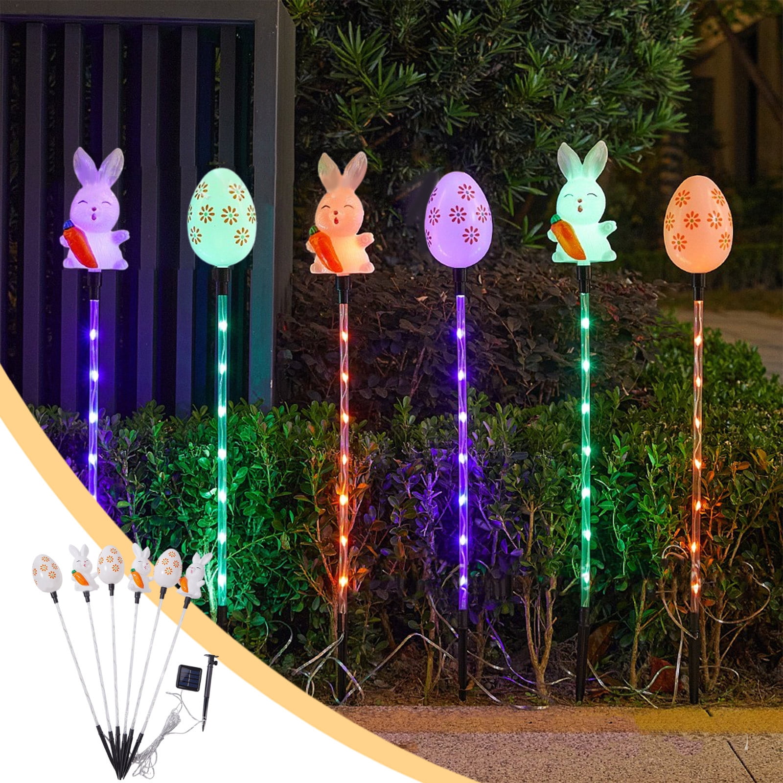 Chmadoxn LED Easter Solar Lights Easter Classic Colorful Bunny And Eggs Elementals Warm Color Mode Solar Ground Lights Holiday Outdoor Garden Yard Decoration One Tow Six Holiday Solar Lights