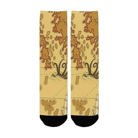 

Kraken Decor Old Map with Compass and Ship Continent and Kraken Figure Artsy Print Light Brown Yello Women s Custom Socks (Made In USA)