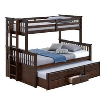 Veran Twin Over Full Bunk Bed- Trundle and 3 Drawers- Dark Brown Solid Wood