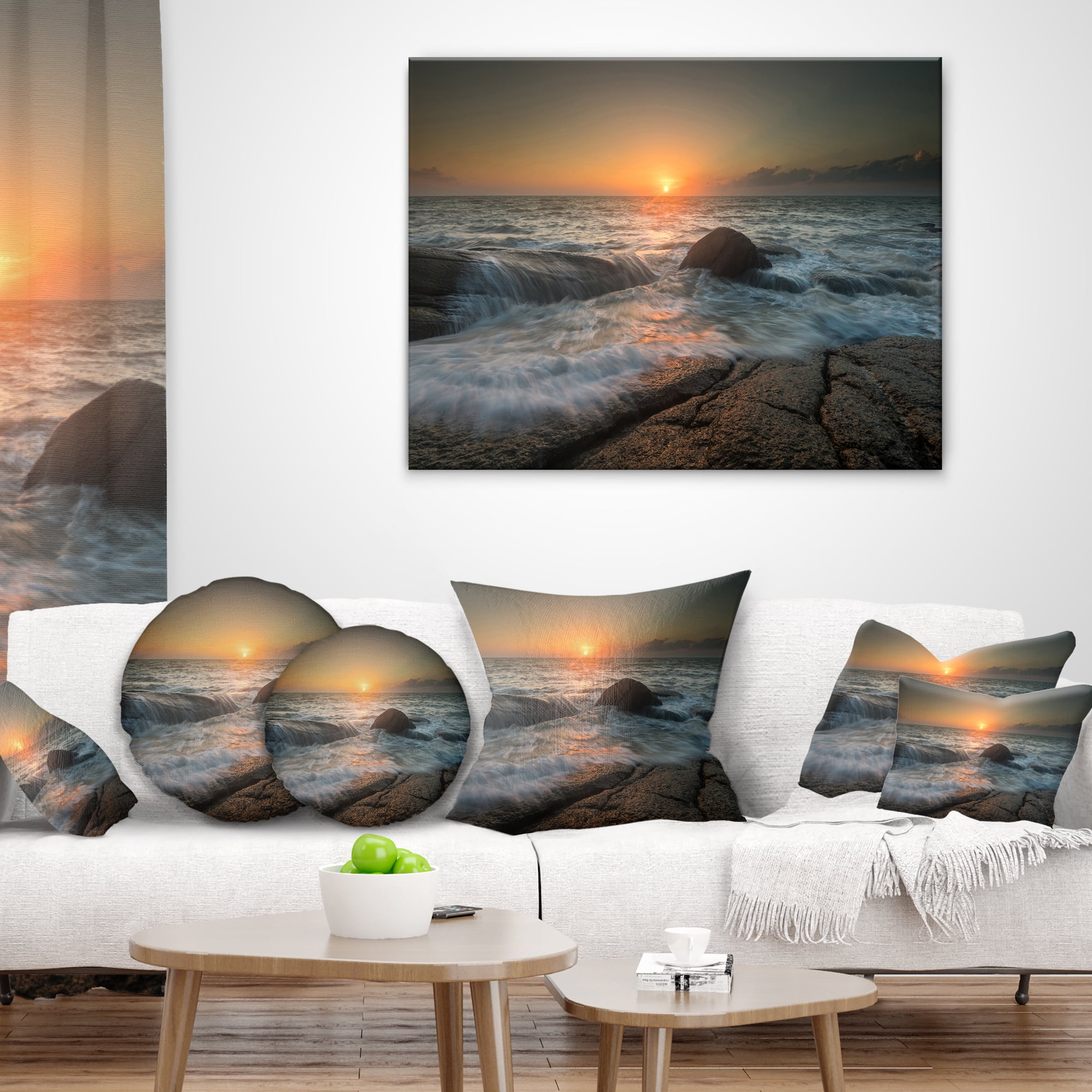 Designart Lashing Sea Waves At Sunset - Beach Photo Throw Pillow - 12x20