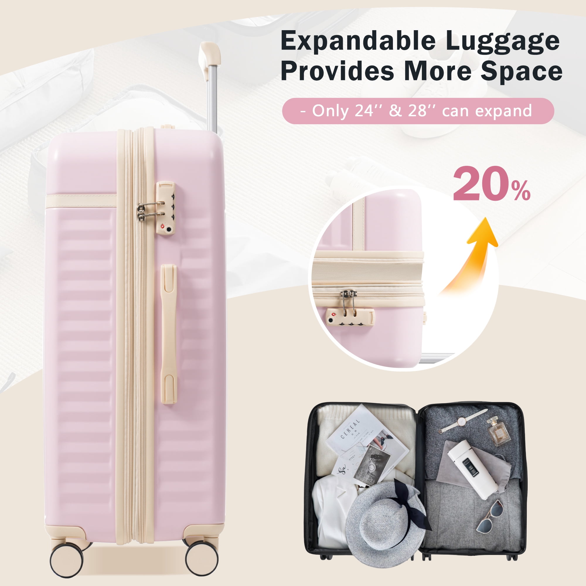 MAYEERTY 3-Piece Luggage Set: Front Opening 20" with USB Port+ Expandable 24" Hardside Suitcase + Tote Bag, Pink