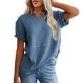 thumbnail image 2 of Womens Waffle Knit Summer Shirts Cap Sleeve Blouse V Neck Patchwork Tees Preppy Loose Fitted Work Pullovers, 2 of 9