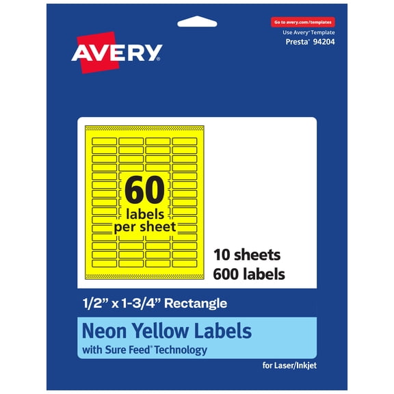 Avery Printable Rectangle Labels, Neon Yellow, 0.5" x 1.75", 600ct
