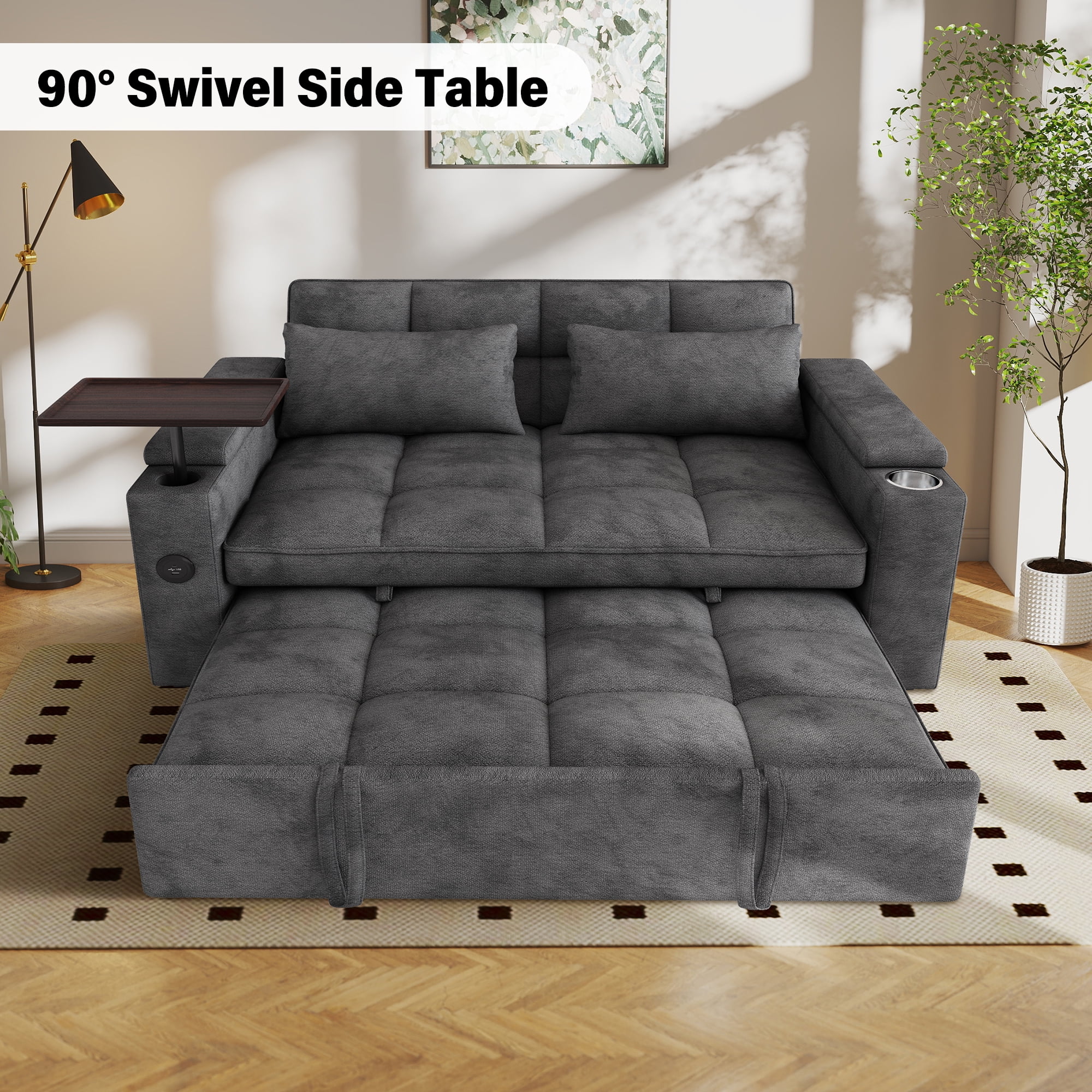 Aukfa 65"W Convertible 3-in-1 Sofa Bed with Storage, Queen Chenille Sleeper Couch with USB/Type-C Ports & Rotating Side Table,Gray