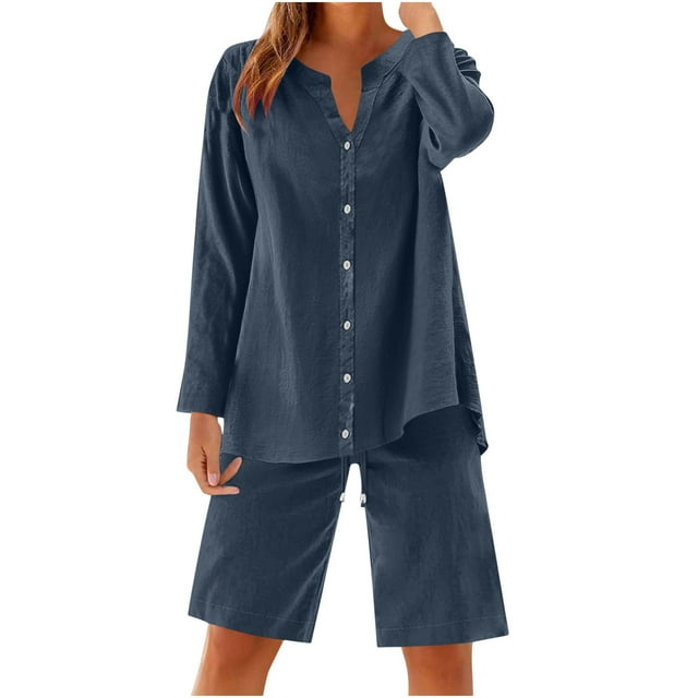 UAMVSH Women Button down Two Piece Sets Plus Size Cotton Linen Long Sleeve Shirts and Drawstring Bermuda Shorts Beach Outfits(XX-Large,Dark Gray)