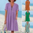thumbnail image 2 of Quixlent Women Cotton Linen Dress Short Sleeve V Neck A-Line Swing Dress Summer Casual Beach Vacation Sundress with Pockets, 2 of 8
