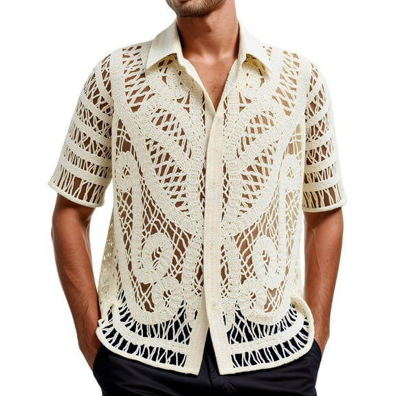 Men's Summer Short Sleeve Button Down Shirts Casual Breathable Knit Top Lightweight Comfortable Wear