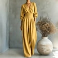 thumbnail image 2 of TEAJOPSUU Women's Jumpsuits 3/4 Sleeve V Neck Elastic Waist Wide Leg Jumpsuits with Pockets Loose Fit Waist Cinching Long Rompers Yellow, 2 of 5