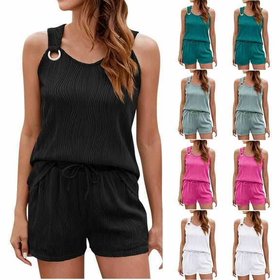 Fsshion 2 Piece of Outfits for Womens Plus Size Summer New Water Ripple Solid Color Tank Top Round Neck Top Set