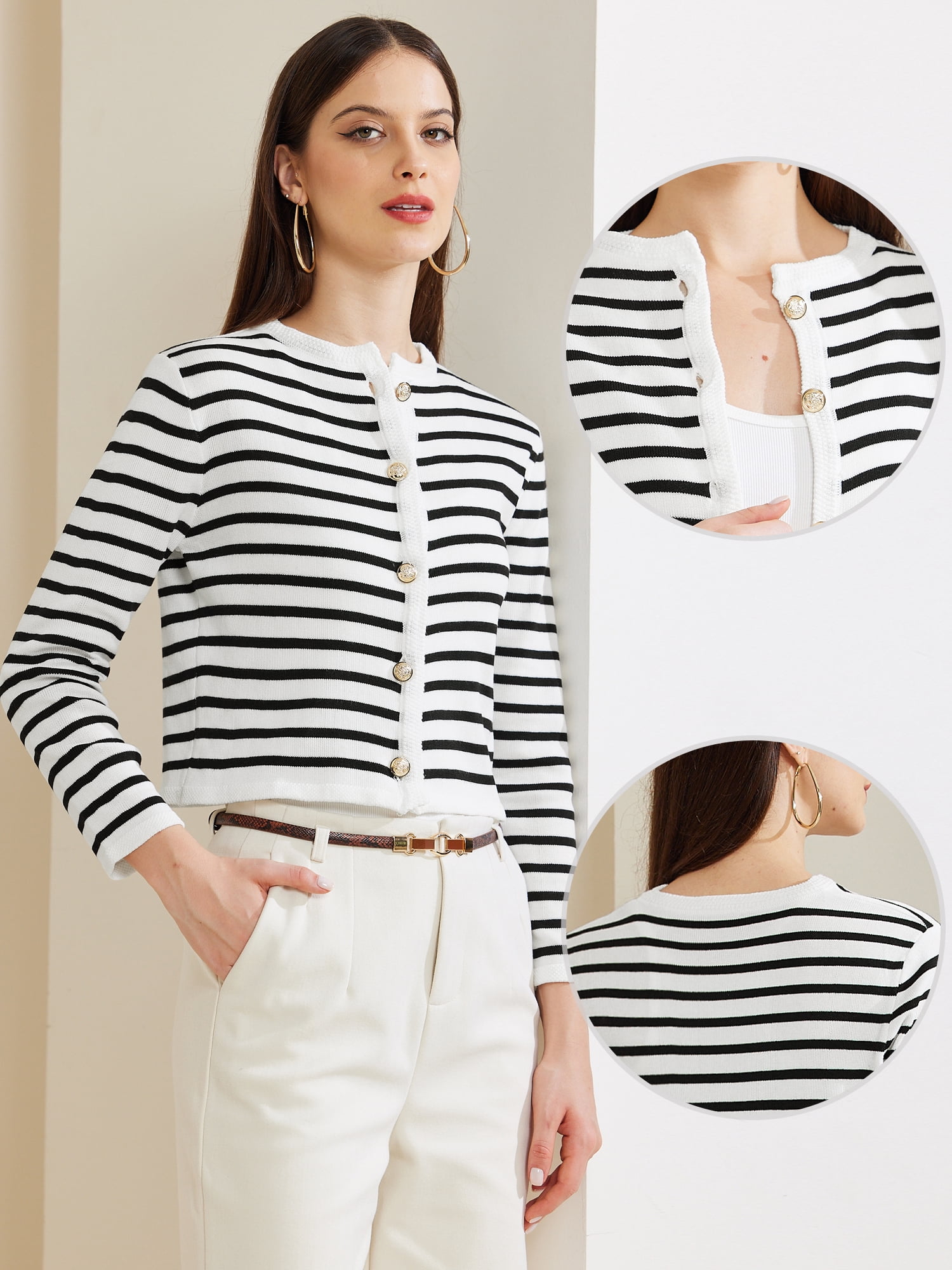 DARING DIVA Women's Trendy Knit  Button Down Striped Sweater M White Black