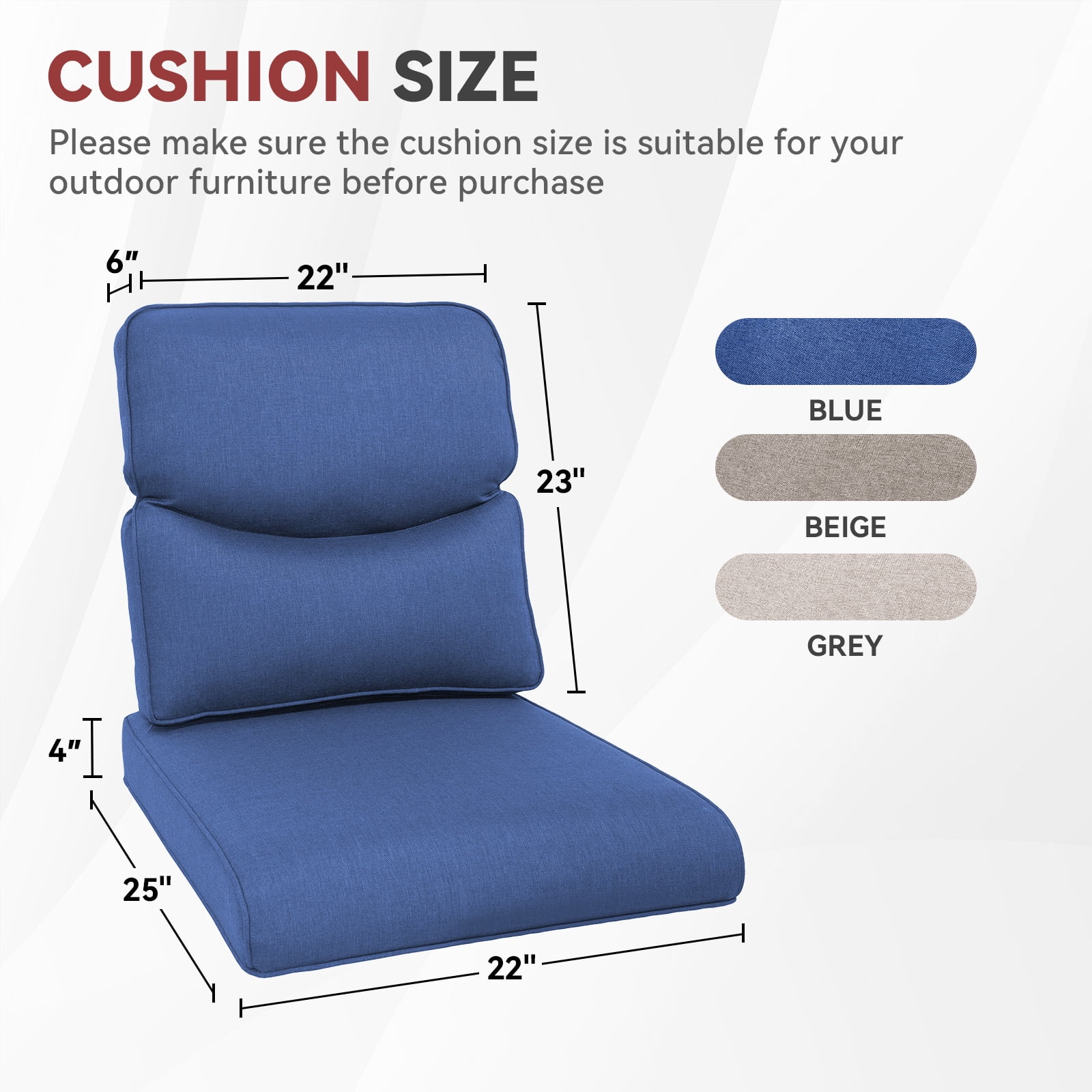 Terraloom 2-Piece Deep Seat Cushion Set, 22 x 25, Water Repellant, Fade Resistant, Deep Seat Bottom and Back Cushion for Chair, Sofa, and Couch