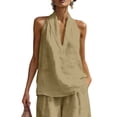 thumbnail image 2 of Cotton Linen Halter Tops for Women Flowy Sleeveless Loose Fitting Tank Top Beach Summer Casual Plain V Neck T Shirts Khaki 2XL, 2 of 8
