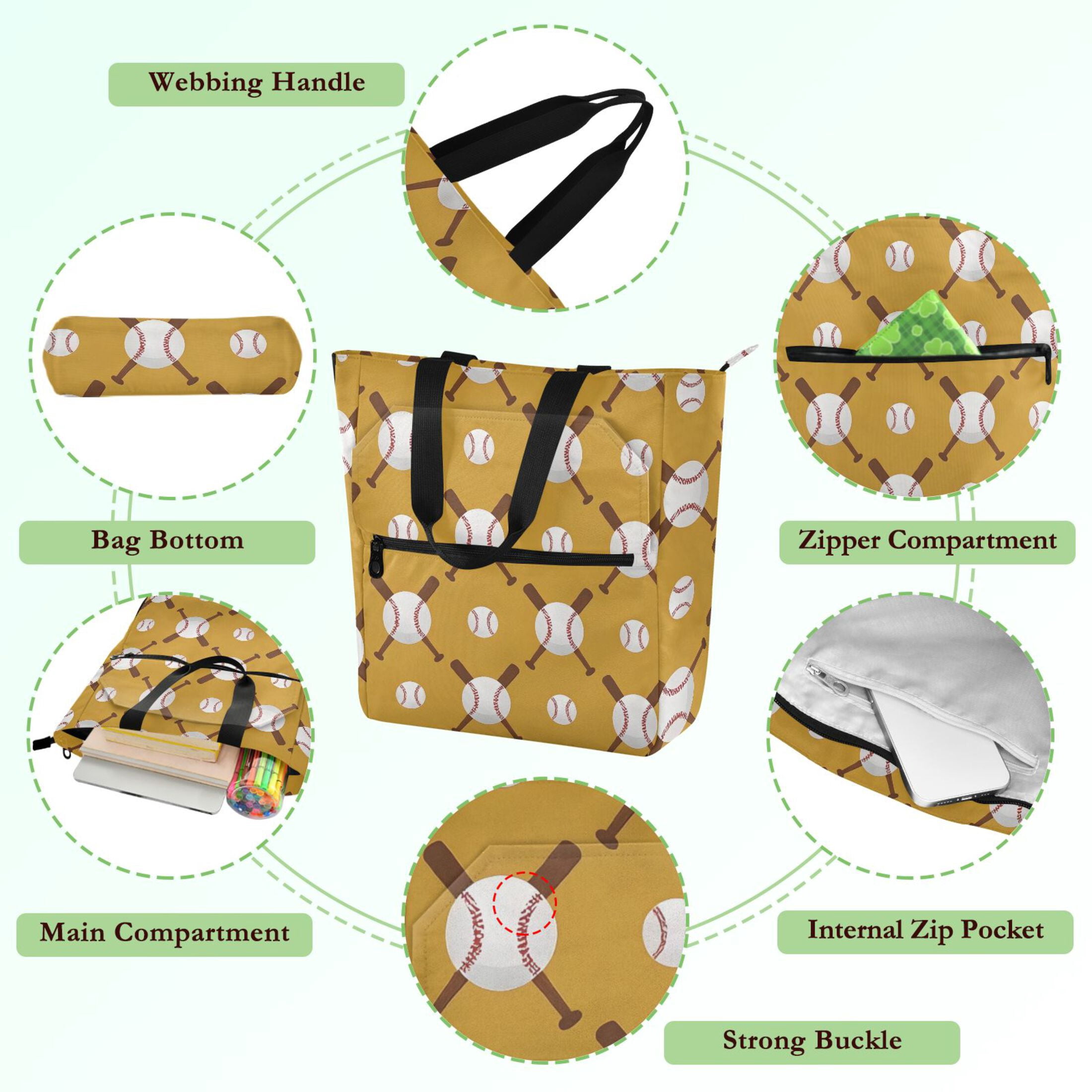 ALAZA Baseball Balls Bats School Book Bag Kids Tote Bags Handbag