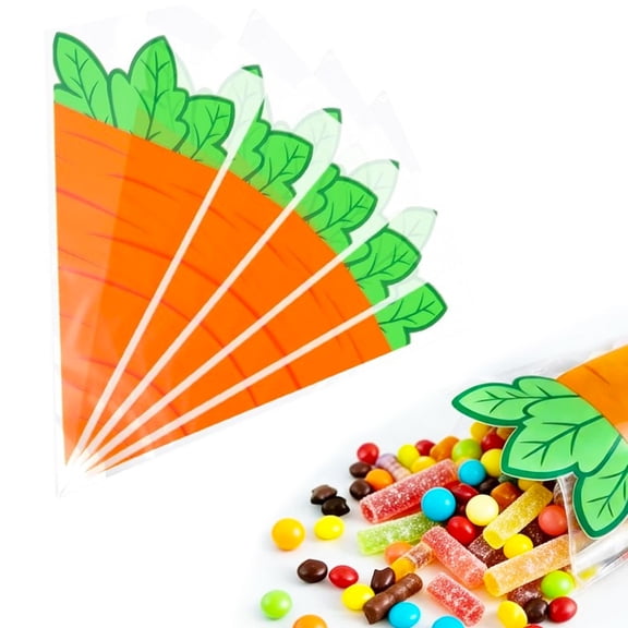 50pcs Easter Carrot Shaped Transparent Snack Bags With Ties Transparent for Easter Egg Hunts, Party Treats, Gift Packaging