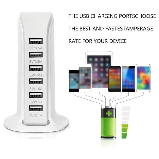 USB Tower Power Adapter 6-Port Smart Tech Charging Station with Quick Charge 2.1 for Phone Tablets (White)