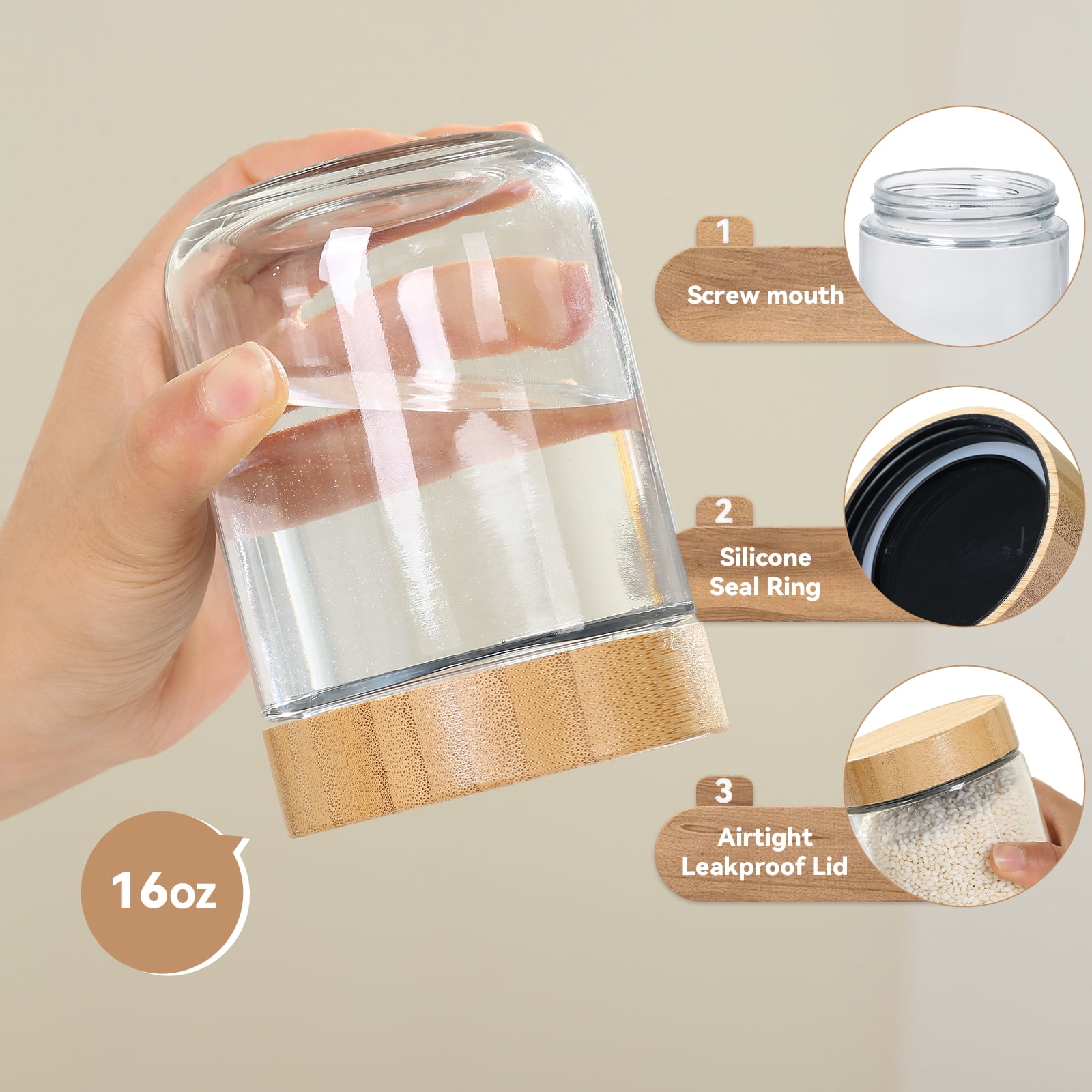 Novelinks Clear Glass Bamboo Airtight Overnight Oats, Fruit Yogurt Food Storage Jars 12 Count